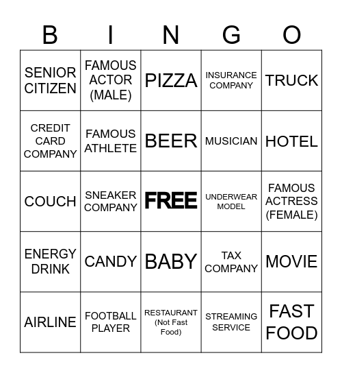 Super Bowl LX - TV Commercial Bingo Card