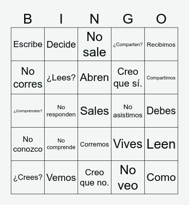 Regular -er / -ir Verb Phrases Bingo Card