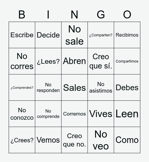 Regular -er / -ir Verb Phrases Bingo Card