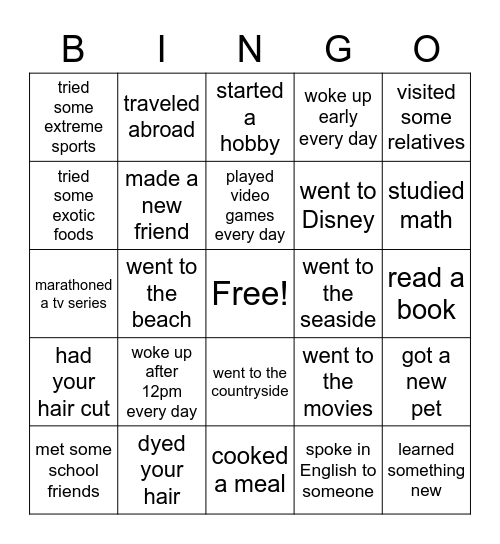 Check the box if you...on your vacation. Bingo Card