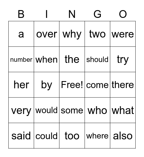 Sight Word Bingo! Bingo Card