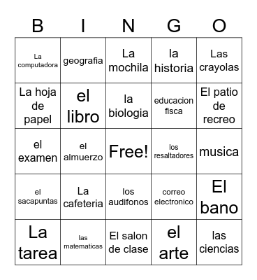 school bingo Card