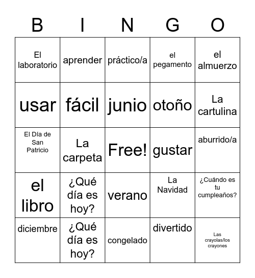 la escuela Bingo Card