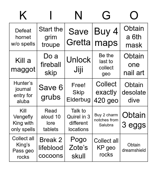 Hollow Knight Bingo! Bingo Card