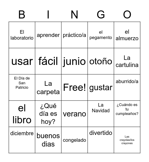 la escuela Bingo Card