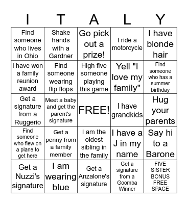 Five Sister's Family Reunion Bingo Card