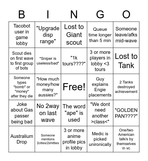 Mecha Engine Bingo Card
