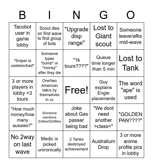 Mecha Engine Bingo Card