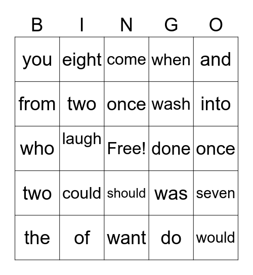 Heart word Bingo Card