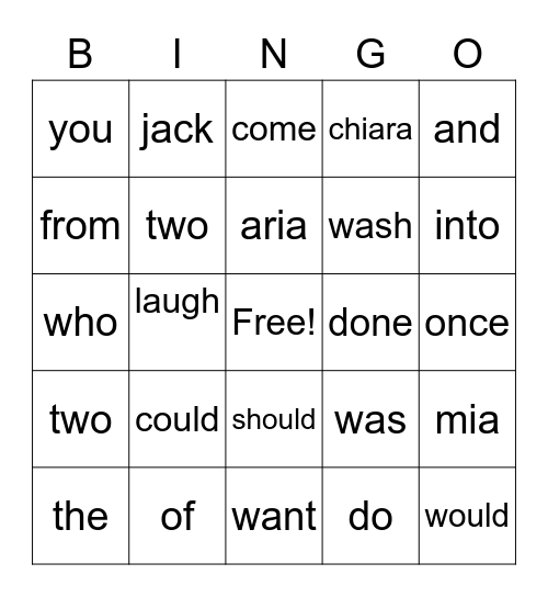 Heart word Bingo Card