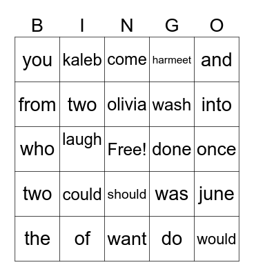 Heart word Bingo Card