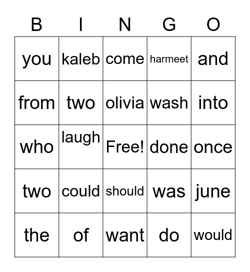 Heart word Bingo Card