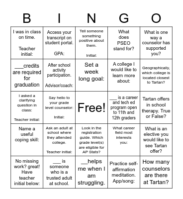 School Counseling Week BINGO Card