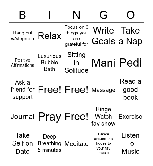 Self-Care Bingo Card