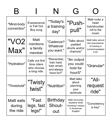 75+ Minutes with Matt Wilpers Bingo Card