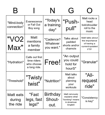75+ minute PZE with Matt Wilpers Bingo Card