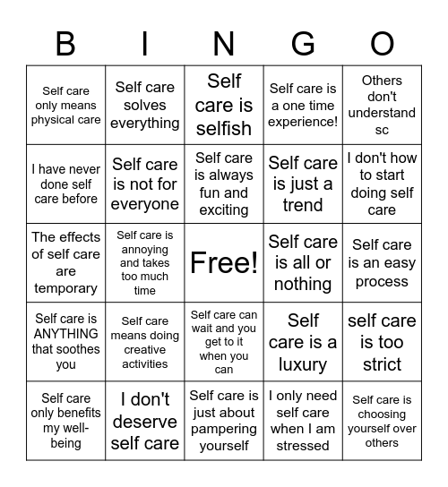 Self Care Myths Bingo Card