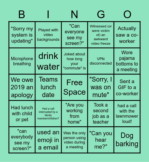 Virtual Bingo Working From Home Edition Bingo Card
