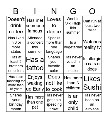 Find Someone Who..... Bingo Card