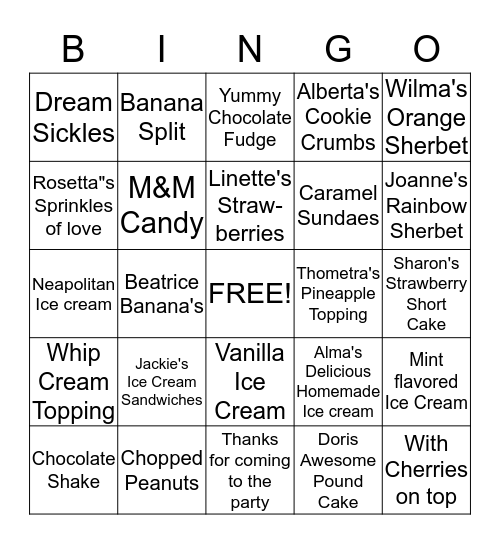 Jackie's Ice Cream Bingo Game Bingo Card