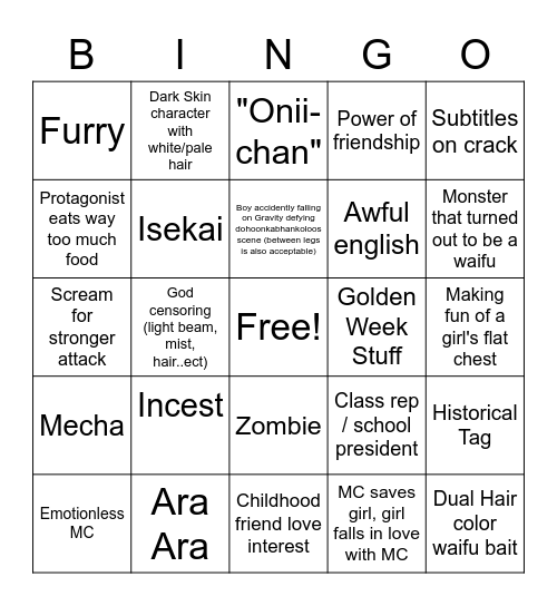 Anime Bingo Card