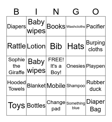 Stacey's Baby Shower Bingo Card