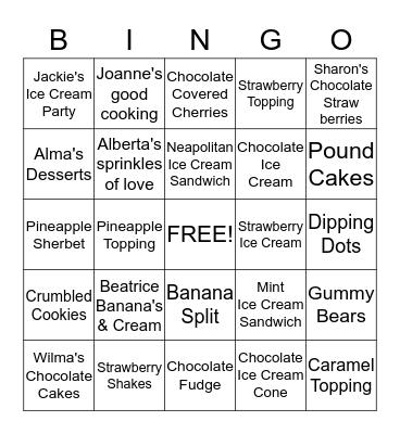 Jackie's Ice Cream Bingo Game Bingo Card