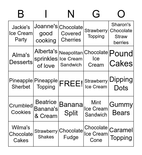 Jackie's Ice Cream Bingo Game Bingo Card