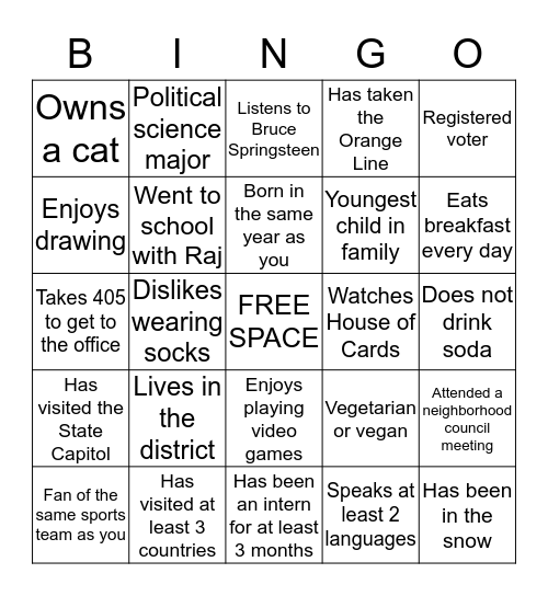 Intern Social Bingo Card