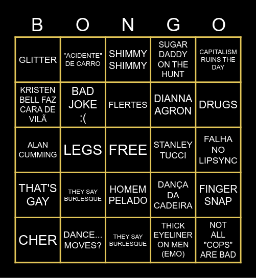 "BURLESQUE" THE MOVIE Bingo Card