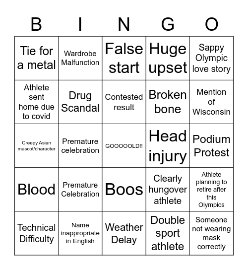 2022 Olympics Bingo Card