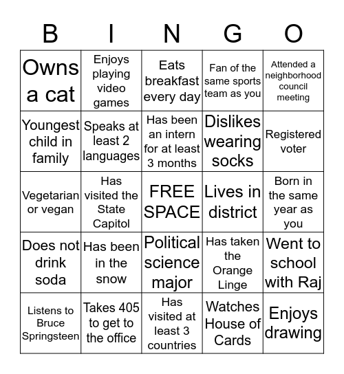 Intern Social Bingo Card