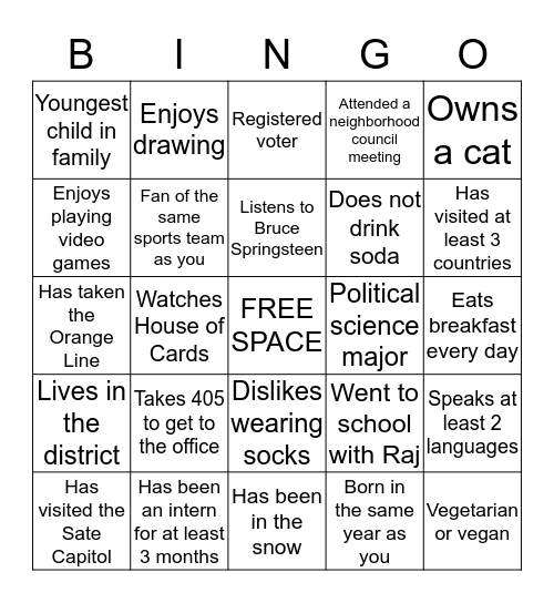 Intern Social Bingo Card