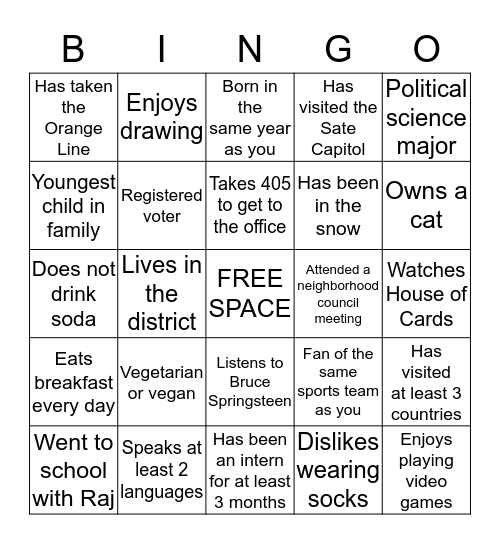 Intern Social Bingo Card