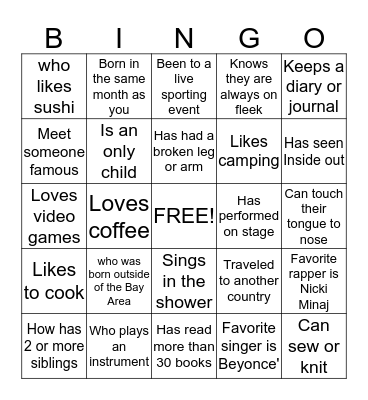 Getting to know your Teammates  Bingo Card