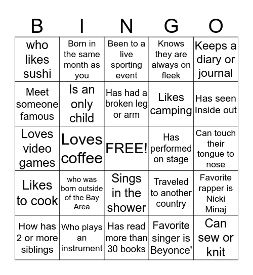 Getting to know your Teammates  Bingo Card