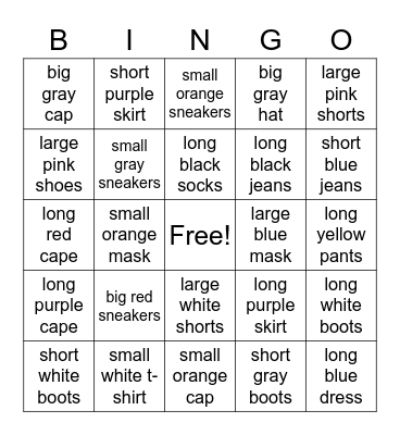 Clothes Bingo Card