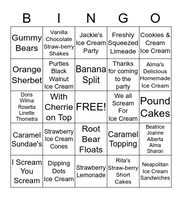 Jackie's Ice Cream Bingo Game Bingo Card