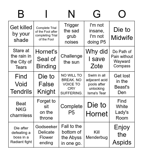 Hollow Knight Bingo Card