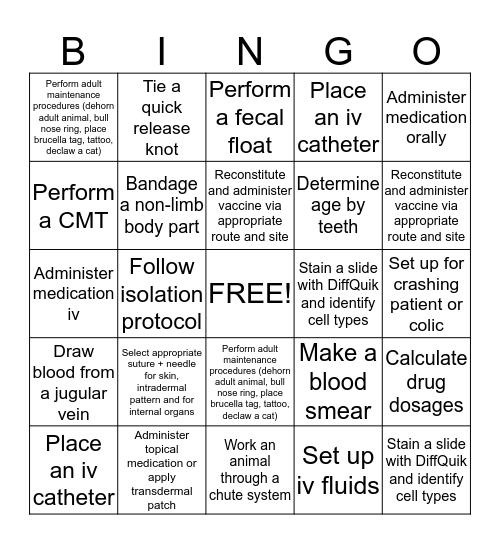 Clinical Skills Year 1 - Card A Bingo Card