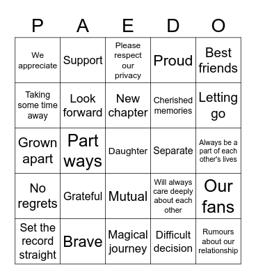 Break-up BINGO Card