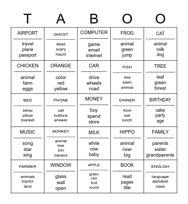 OBJECT-NOUN-VERB-ACTION Bingo Card