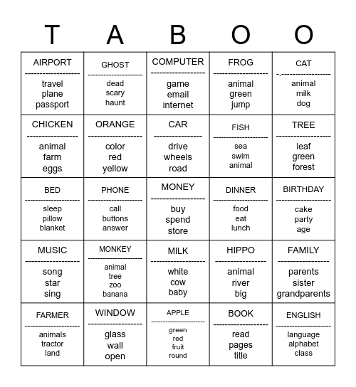 OBJECT-NOUN-VERB-ACTION Bingo Card