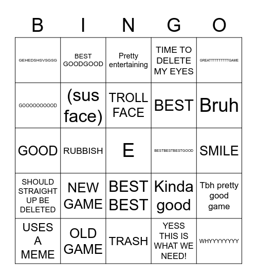 Weird Roblox game category's thingy Bingo Card