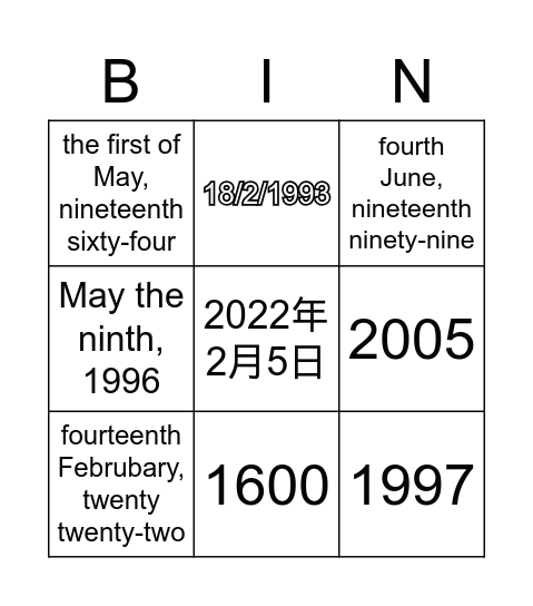 Date and Day Bingo Card