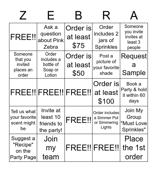 Pink Zebra Bingo Card
