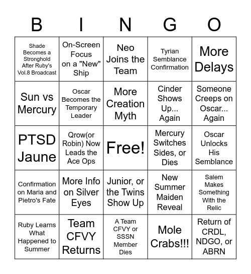 RWBY Volume 9 Bingo Card