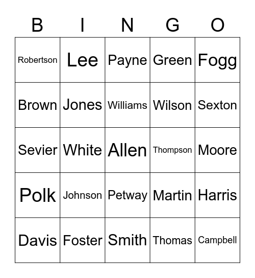 Last Name Bingo Card