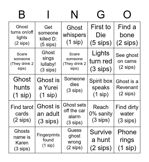 Phasmo Drinking Game Bingo Card