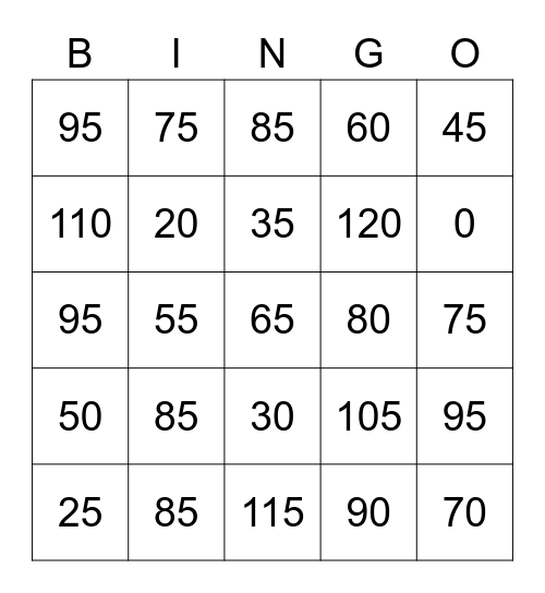 Counting by 5's Bingo Card